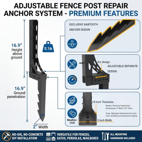 Eurydice Adjustable Heavy Duty Fence Post Repair Kit for 4x4 & 6x6 Posts | Quick fix broken & leaning fence post repair kit with thickened steel post base, anchor, fence repair stakes & post support