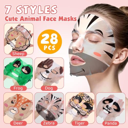 28 Pack Animal Collagen Face Masks for Girls, Bulk Hydrating Face Mask | for Kids Teens, Skin Care for Kids, Suitable for Dry Skin, Spa Party Supplies and Birthday Gifts