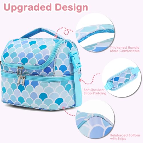 FlowFly Double Decker Cooler Insulated Lunch Bag Large Tote for Boys, Girls, Men, Women, With Adjustable Strap (Mermaid) - color: Mermaid