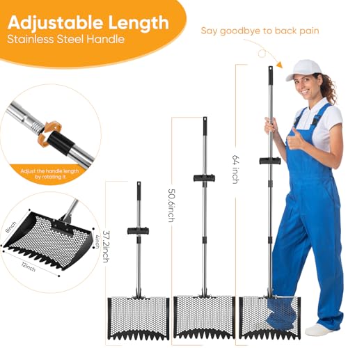 12inch Chicken Poop Scooper & Rake 2-in-1 with Adjustable Handle | Heavy Duty Metal Chicken Coop Scoop for Sand, Adjustable Angle Stainless Steel Chicken Coop Rake Litter Sifting Shovel 37-64" - color: Black