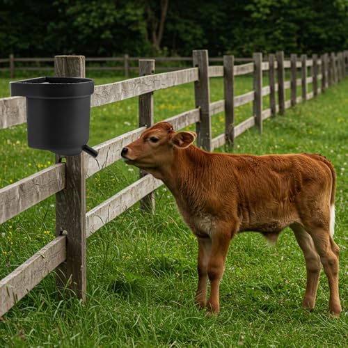 Abbylike 2 Pack 4 Quart Single Teat Calf Milk Feed Bucket Hook Over Hanging Calf Feeder Bucket with Nipple Mountable Plastic Livestock Feeder for Farm Stall Barn Cowshed Cattle Housing Feeding