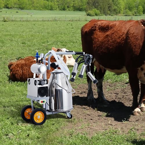 Portable Cow Milking Machine, 55KPA 1500 RPM, Electric Milker with 25l/6.6 Gallon Stainless Steel Bucket, Silicone Cups & Tubes, Milks 5-8 Cows Per Hour, for Cows and Goats