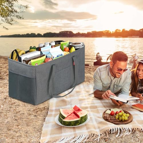 LHZK Standing Extra Large Utility Tote Bag with Metal Wire Frame and the Sides Rinforced, Extra Large Tote Bag with Handle, Reusable Grocery Bags Foldable, Beach Bag, Car Tote (Gray, 26''x15''x13'') - color: Dark Gray, size: 26''x15''x13''-1 Pack