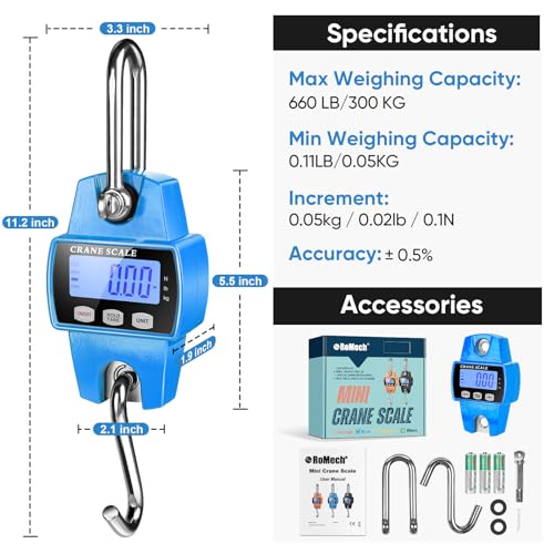 660lb Digital Hanging Scale with Cast Aluminum Case, Handheld 300Kg Mini Crane Scale with Hooks for Farm Hunting Fishing Outdoor (Blue) | 300KG Heavy Capacity, High Accuracy Weighing, kg/lb/N Unit Conversion, Suitable for Fishing, Farm, Hunting - color: B