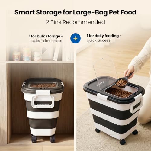 Dog Food Storage Container 30-40lbs, Airtight Pet Food Bin w/ Clear Window | Collapsible Rolling Storage Container with Wheels and Scoop; Black - color: Black-L