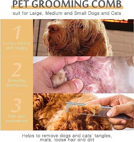 Dog Combs for Grooming, Metal Cat Comb for Long Haired | Removing Tangles and Knots, Professional Grooming Tool for Long Haired Dog, Cat and other pets