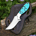 Custom Handmade 7'' fixed blade hoof rasp knife Cow boy knife Turquoise Handle Damascus steel Bull cutter, cowboy knives with pancake leather sheath (BLUE RESIN) - color: BLUE RESIN
