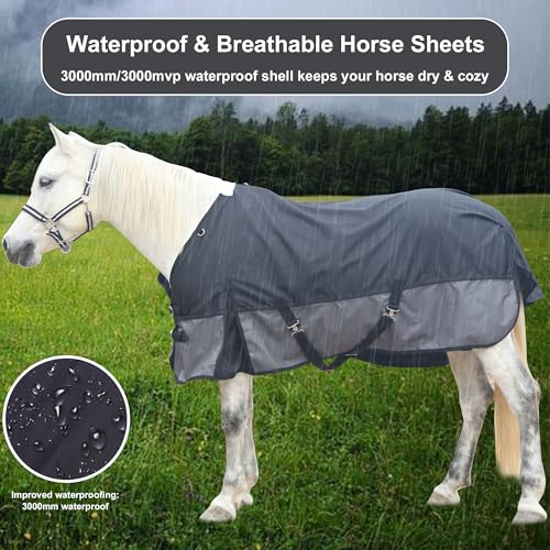 1200D Horse Blanket, 0g No-Fill Waterproof Turnout Rain Sheet | 1200D Ripstop Outer, Waterproof Breathable Shell, Anti-Rub Lining, 0g No-Fill, Keep Dry in Mud & Wet Weather, Large Tail Flap - color: Black Grey, size: 81"