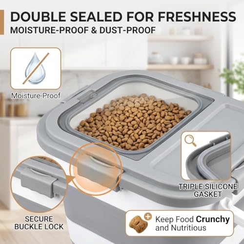 Collapsible Pet Food Storage Container, Airtight Dry Kibble Container with Detachable Wheels and Handle Storage Bin, Foldable Dog Cat Food Holder for Pantry Organization, 22-24 lbs