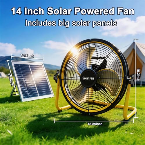 14 Inch Solar Powered Fan,360 Vertical Tilt Rechargeable Floor Fan,for Outside,Travel,Chicken Coop,Dog House,Shed,Greenhouse,Camping,Portable,Quiet