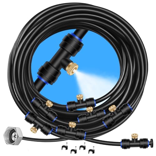 GOXAWEE Misting System, 75FT (23M) Misting Line + 28 Brass Mist Nozzles + Brass Adapter(3/4"), Misters for Outside Patio Cooling Outdoor Garden Greenhouse Trampoline for Waterpark - size: 75 ft