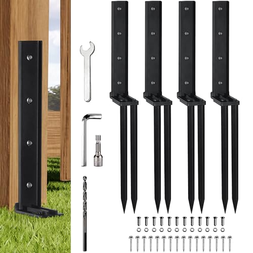 4 Pack Fence Post Repair Kit, Adjustable Steel Ground Stake Anchors | Heavy Duty Fence Post Support With Adjustable Connection To Stabilize Leaning, Loose Or Weakened Wooden Posts For Outdoor Use
