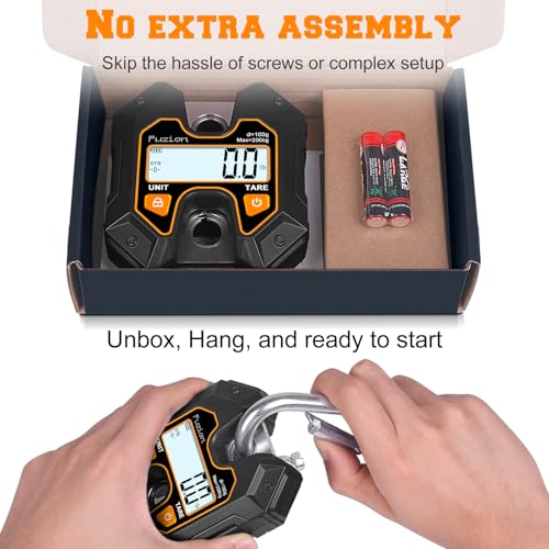 Fuzion Hanging Scale 440lb/200kg, Mini Crane Scale w/Stainless Steel Hook | No Setup Required, Hold/Tare Function, Large Display, Digital Hanging Scales for Weighing Animals, Hays, Fish, Travel Luggage - color: Black+Orange, size: 440LB