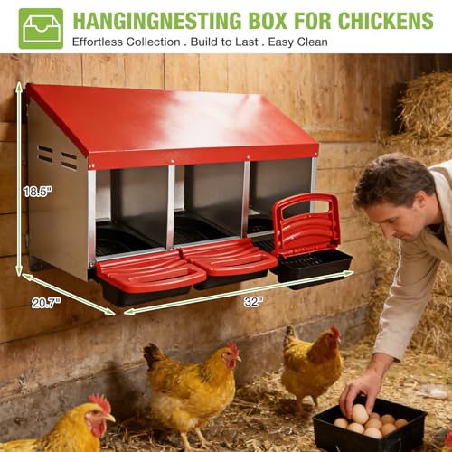 GUTINNEEN Chicken Nesting Box, 3 Compartment Metal Nesting Boxes with Roll-Away Egg System for Hens, Ducks & Rabbits, Technical Design for Efficient Egg Collection, Red - color: Red