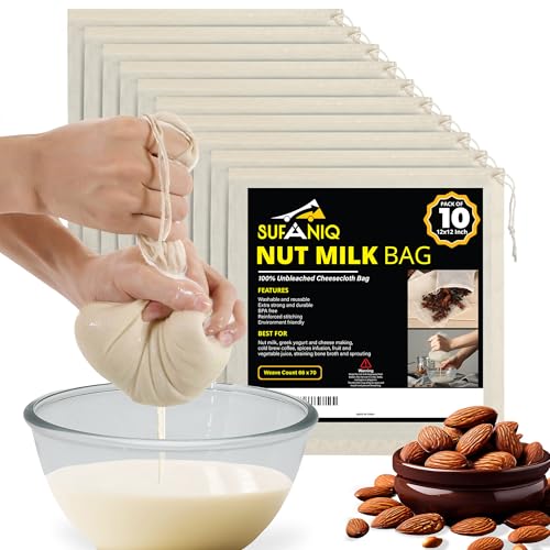 Nut Milk Bag - 10 Bags (12 x 12 Inch) 100% Unbleached Cotton Cheese Cloth Bag for Straining, Premium Nut Milk Bag Reusable, Nut Bag Strainer for Almond, Soy, Oat Milk, Juices, Cheese Making - size: 12x12 / 10 pieces