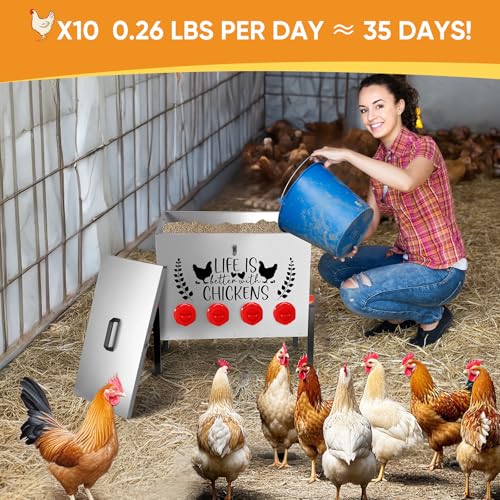 95 lb Chicken Feeder with 10 No-Waste Ports – Extra-Large Galvanized Metal Poultry Feeder with Adjustable Height Heavy-Duty Stand – Outdoor Feed Box for Chickens, Ducks & Geese - color: silver