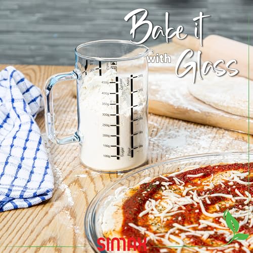Simax Glass Measuring Cup, 16 Ounce Durable Borosilicate Glass, Easy to Read Metric Measurements, Liter, Milliliter, Ounce, Sugar Grams, Flour Grams, Drip Free Spout, Microwave and Dishwasher Safe - size: 16 Ounce