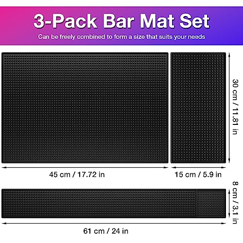 3PCS Black Rubber Bar Service Spill Mat, Bar Mat Set for Countertop | Flexible Barber Station Mat, Waterproof Home Bar Mats Restaurant Service Mat Nonslip Drying Mat - 24x3 & 18x12 & 12x6inch - size: Set of 3 Sizes