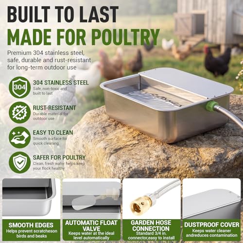 Shimeyao 3 Gallon Automatic Chicken Water Dispenser 304 Stainless Steel Large Capacity Self Filling Poultry Waterer for Hens Ducks Livestock Sturdy Gravity Fed with Float Valve Drinking Bowl