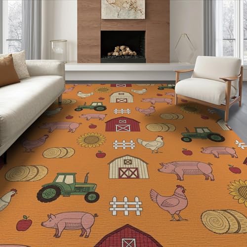 6'x9' Washable Flatwoven Rug, Orange Rustic Sunflower Stain Resistant Large Carpet for Dining Room, Under Table, Office, Non-Slip Chair-Friendly Floor Mat | Ref:1969512 - color: Orange/Pattern 20, size: 6' x 9' (Rectangular)