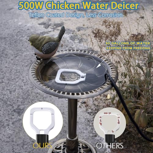 Magoog 500W Chicken Water Heater, 50Gal Chicken Water Deicer for Plastic Waterer, Liverstock Water Heater, Cast Aluminum Submersible De-icer, Bird Bath Heater with Built-in Thermostat Control