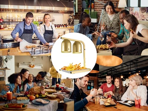Food Heat Lamp with 2 x 250W Bulbs, 5000+ Hour Lifespan, Gold | 12"×20" Warming Area, UL-Tested, Adjustable Height Stand 22"-30", Commercial & Home Use Restaurant Buffet Bakery Catering - color: Gold