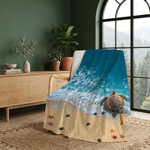 Beach Sea Turtle Family Throw Blanket, Flannel Fleece 50" x 60" | Yujiiso Beach Sea Turtle Family Blanket Lightweight Decor for Living Room, Bedroom, Office and Travel, Home Decor Gift - color: Beach Sea Turtle Family, size: 50"x60"