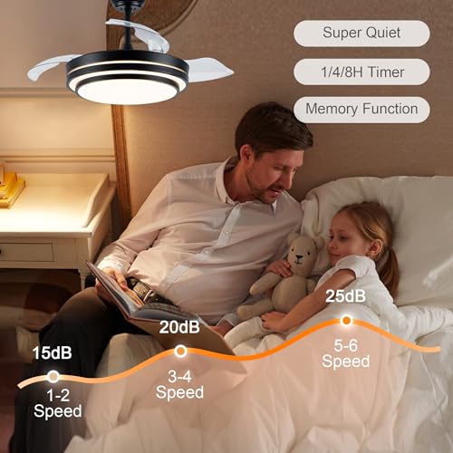 42 Inch Retractable Ceiling Fan with Lights Fandelier Ceiling Fan | Modern Black Fandalier Ultra Thin Chandelier LED Light for Bedroom Living Room, 3CCT Reversible Quiet DC Motor 6 Speeds - color: 4204-Black