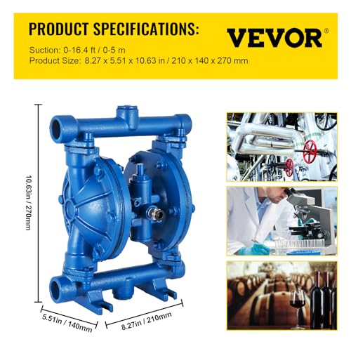 VEVOR Air-Operated Double Diaphragm Pump, 1/2 in Inlet & Outlet, Cast Iron Body, 8.8 GPM & Max 120PSI, Nitrile Diaphragm Pneumatic Transfer Pump for Petroleum, Diesel, Oil & Low Viscosity Fluids - size: 3.0 GPM