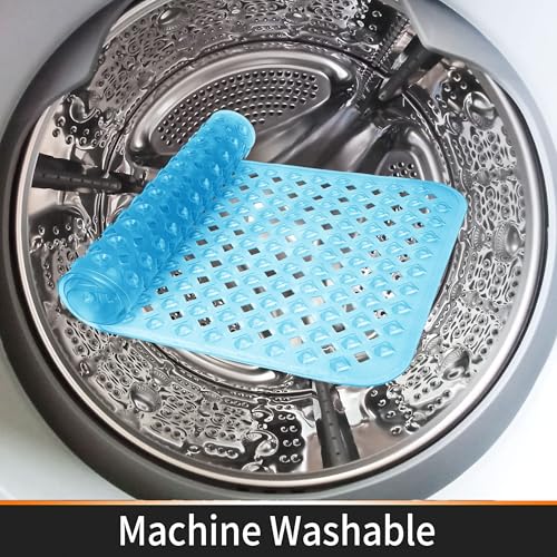 Yimobra Square Shower Mat Non Slip, Super Strong Suction Cups, 21"X21" Bath Tub Mat with Drain Holes, Machine Washable Fast Draining Bath Mats, Bathroom Essentials,Clear Blue - color: Clear Blue, size: 21 X 21 Inch
