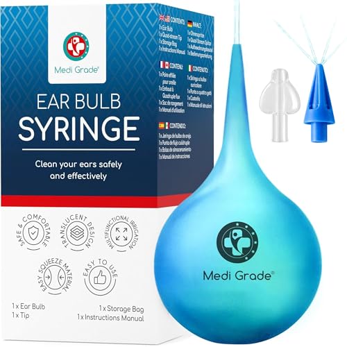 Medi Grade Ear Wax Removal Bulb Syringe 2.54 fl oz, Ear Cleaner Irrigation | Easy-squeeze ear syringe 75ml with quad stream tip, gentle ear cleaning tool for adults and kids, safe ear flushing at home - size: 75ml