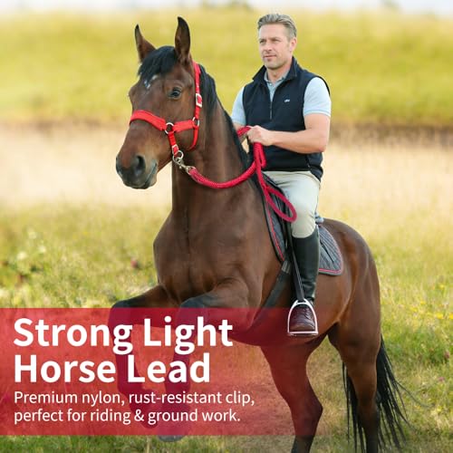 Double Braided Nylon Horse Lead Rope with Snap Hook, Black, 15 FT, Durable Lightweight (Red, 15FT) - color: Red, size: 15FT