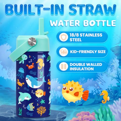 SANDJEST Kids Water Bottle with Straw Lid - 12 Oz Insulated Stainless Steel Ocean Water Bottles for Kid Boys Girls - Travel Cup for School Sports - color: Ocean Animal 2
