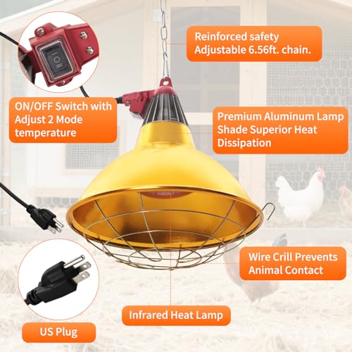Large Chicken Coop Heat Lamp with 250w Infrared Heat Bulb | Adjust 2 Mode Temperature&Hanging Height,Aluminum Reflector for Coop Brooder,Cat,Puppy,Lamb