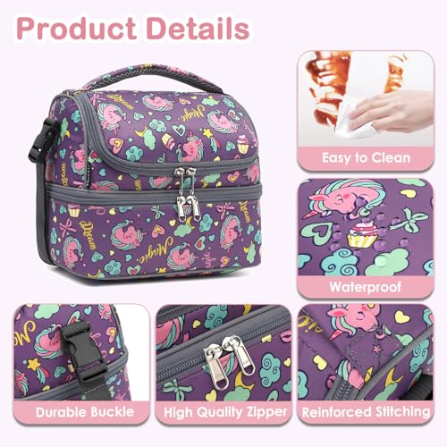FlowFly Double Decker Cooler Insulated Lunch Bag Large Tote for Boys, Girls, Men, Women, With Adjustable Strap (Purple-Unicorn) - color: Purple-Unicorn
