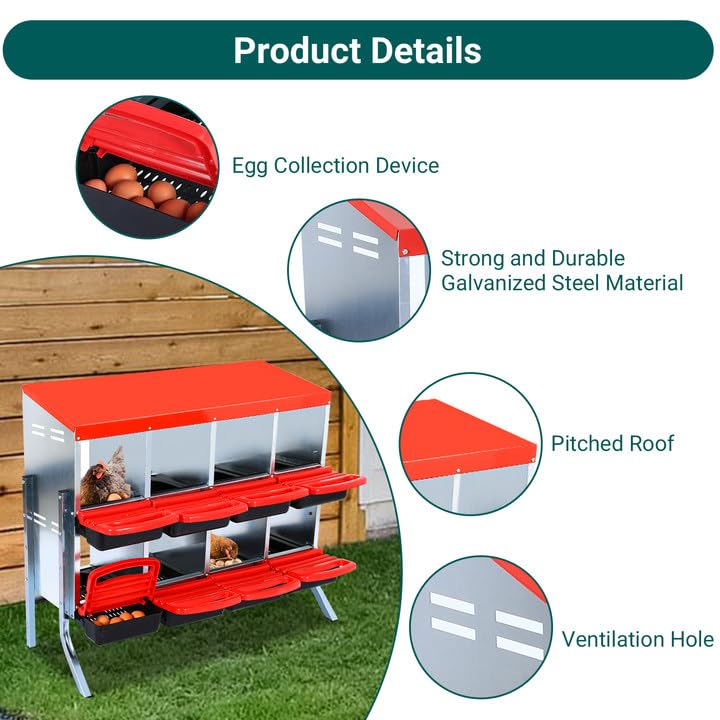 Garvee Chicken Nesting Boxes, 8 Hole Metal Chicken Laying Box with Removable Trays and Roll Out Egg Collection for Chicken Coop, Red, with Metal Legs