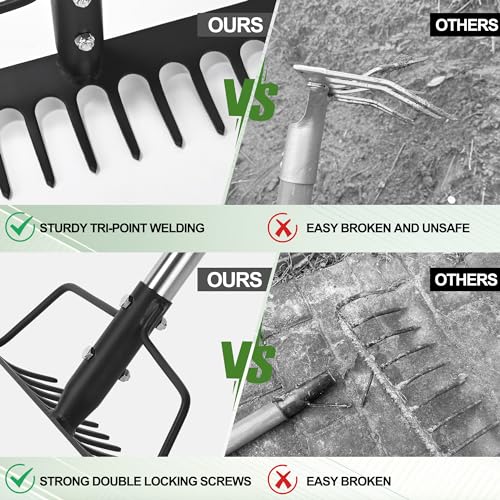 BARAYSTUS 16" Wide Bow Rake, Adjustable Garden Rake for Lawn & Yard | Lightweight metal rake with 16 steel tines , adjustable long handle for lawn care, soil loosening, thatch removal