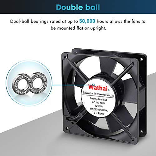 Wathai 120mm AC AXIAL Exhaust Fan 110V 120V Dual Ball for DIY Cooling | Dual Ball Heavy-Duty Fan for DIY Cooling Ventilation Exhaust Projects 120mm x 25mm - style: 120x120x25mm