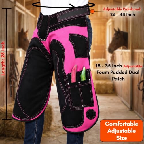 – Farrier Apron Cowhide Leather Hoof Trimming Chaps | with Premium Air Mesh Lining, Foam Knee Pads, 4 Knife Pockets & Nail Magnets | Adjustable Waist for Men & Women (Apron Only) - color: Pink - Black, size: 65cm - 25inch