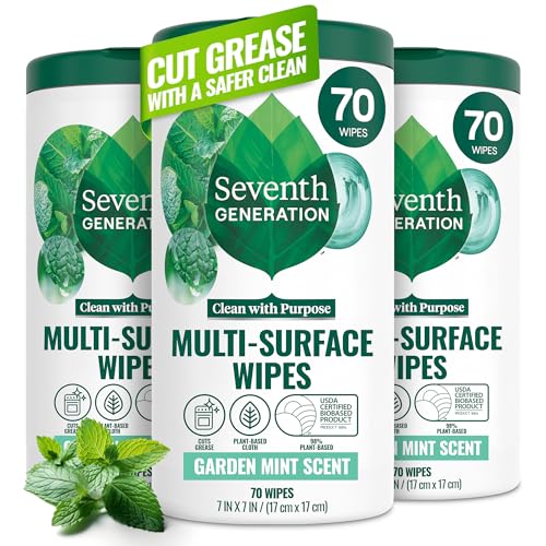 Seventh Generation Multi-Surface Wipes, 70 Count, Pack of 3, Garden Mint, Plant-Based Cleaning Wipes, No Harsh Fumes or Residue, Safe Around Kids - size: 70 Count (Pack of 3)