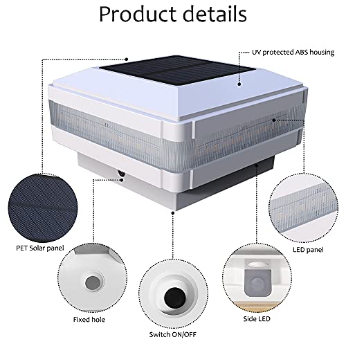 Solar Post Cap Lights 160 Lumen 52LEDs with 6500K White Lighting | Fence Post Solar Lights Fits 4x4 5x5 6x6 Wood Post, Outdoor Post Lights IP65 Waterproof, for Patio, Porch, Garden - color: White