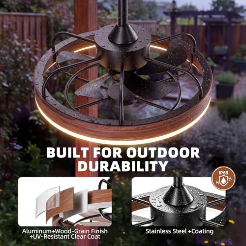 Farmhouse Gazebo Fan with Light, 20" Plug-in Gazebo Ceiliing Fan with App/Remote Control, Outdoor Ceiling Fan with Light IP65 Waterproof, 3 CCT Light, for Gazebo - Wood Grain - color: Wood Grain