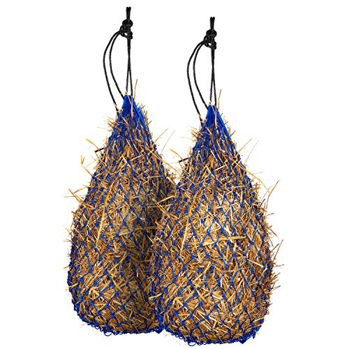 Majestic Ally 2 pcs Slow Feed 42” Hay Net for Horses, Strong Small 2x2” Holes, Nylon Rope Hanging, Adjustable Travel Feeder for Trailer and Stall, Simulates Grazing, Reduce Waste - color: ROYAL BLUE