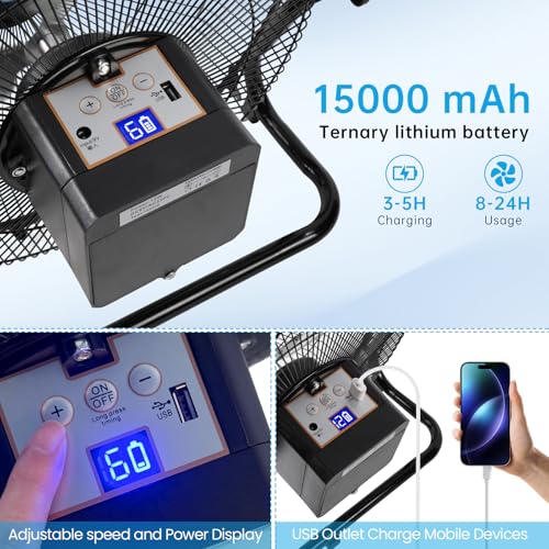GOESWELL Solar Powered Fan 12 Inch Metal Blades Timer USB for Outdoors | Portable Solar Powered Fan Battery 12 Speeds Timer 360 Tilt USB Output Charges Phone Metal Blades Quiet For Outdoor