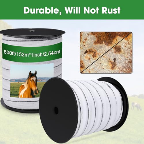 2 Rolls 500 ft x 1 Inch Electric Fence Polytape for Horse Livestock Cattle, High Visibility Electric Fencing Tape for Farm Temporary Horse Fence - size: 500ft X 1in