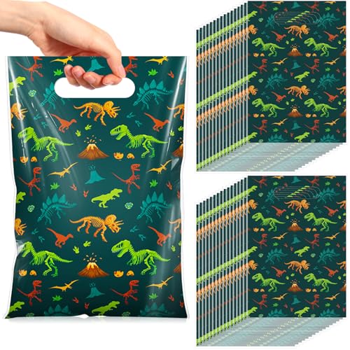 Resurhang 50 Pcs Dinosaur Party Favor Bags Bulk 6.5 x 9.8 Inch Plastic Dino Goodie Treat Gift Bags Funny Candy Cookie Totes for Dinosaur Birthday Party Decorations Supplies Wrap - style: Dinosaur