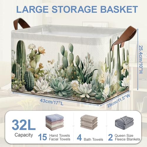 Cactus Succulent Collapsible Storage Box,Tropical Plants Organizer Bin with Handles for Room Decoration,Bins Book Basket Box 17x11.5x10Inch - color: Cactus Succulent Tropical Plants