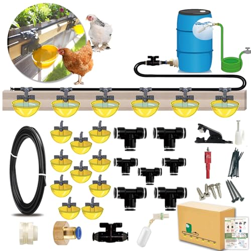 Complete Set Pipeline Automatic Chicken Waterer System, Innovative Quick-Connect Water System with Large Size Water Cups Removable and Washable, 21ft Pipeline and Float Valve (Yellow, 10Cups) - size: 10Cups