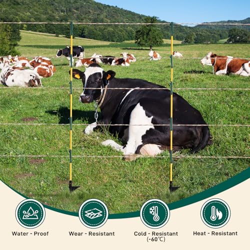 48In/4FT Fiberglass Step-in Electric Fence Posts | 5 Large Clips, Holds Wire, Poly Tape, and Poly Rope, Livestock Control | Lightweight, Anti-Rotation
