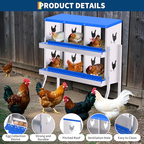 6 Hole Chicken Nesting Box, Galvanized Steel with Removable Trays for Backyard - color: Blue, size: 6 holes with legs